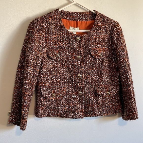 NWT Old Luxury Tweed Blazer Ann Taylor LOFT 8 Orange Black Button Suit Coat - Picture 1 of 16